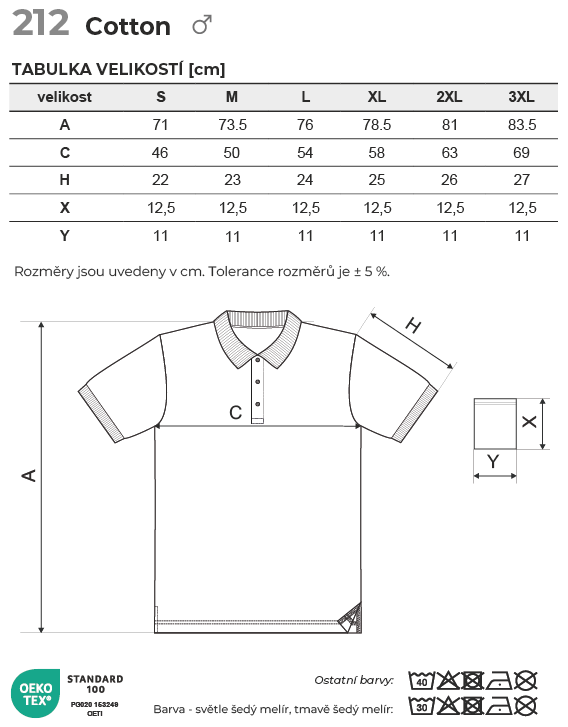 212 Cotton polokošile pánská Tabulka velikostí